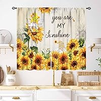 Vista 26 de Cortinas rústicas de cocina de girasol, tablón de madera de campo de campo amarillo, floral, abeja, libélula mariposa, retro, casa rural, Girasol-11