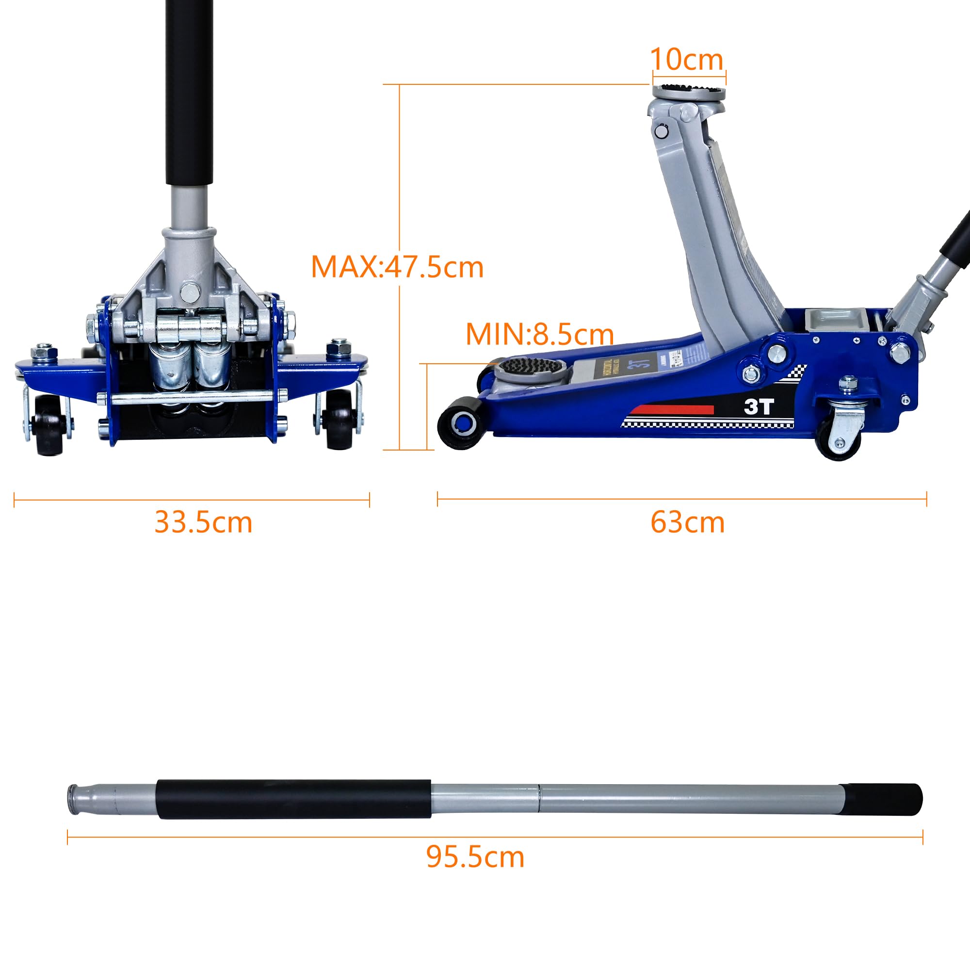 3T Rangierwagenheber hydraulisch, Flacher Wagenheber mit Doppelkolben-Schnellhubpumpe, 3 Tonnen (6600 lbs) Tragkraft, Blau/Silber