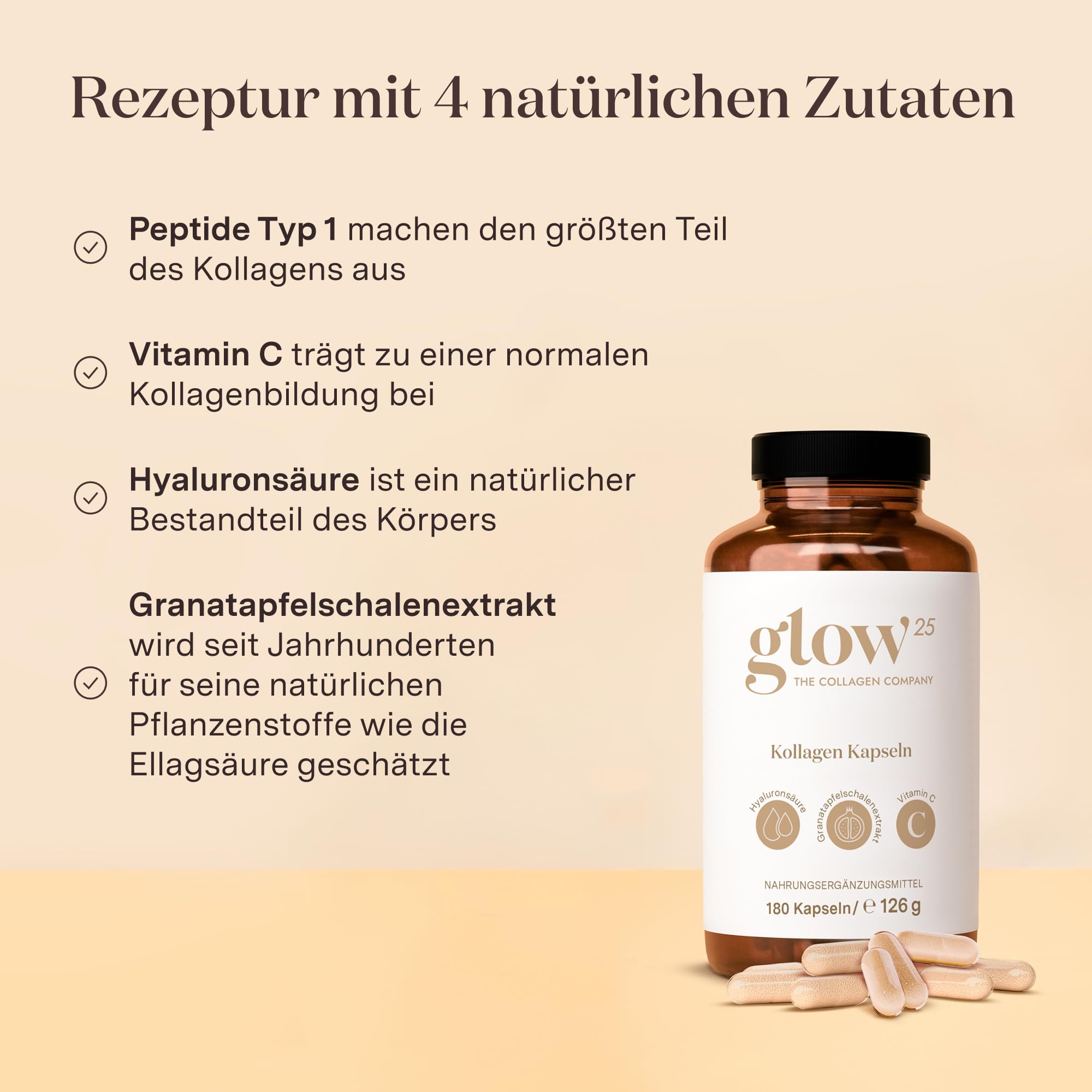 Glow25® Kollagen Kapseln hochdosiert [180 Kapseln x 3] mit Hyaluronsäure und Vitamin C | Premium Collagen Complex für eine schöne Haut | Ohne Zusatzstoffe | Laborgeprüft | Made in Germany