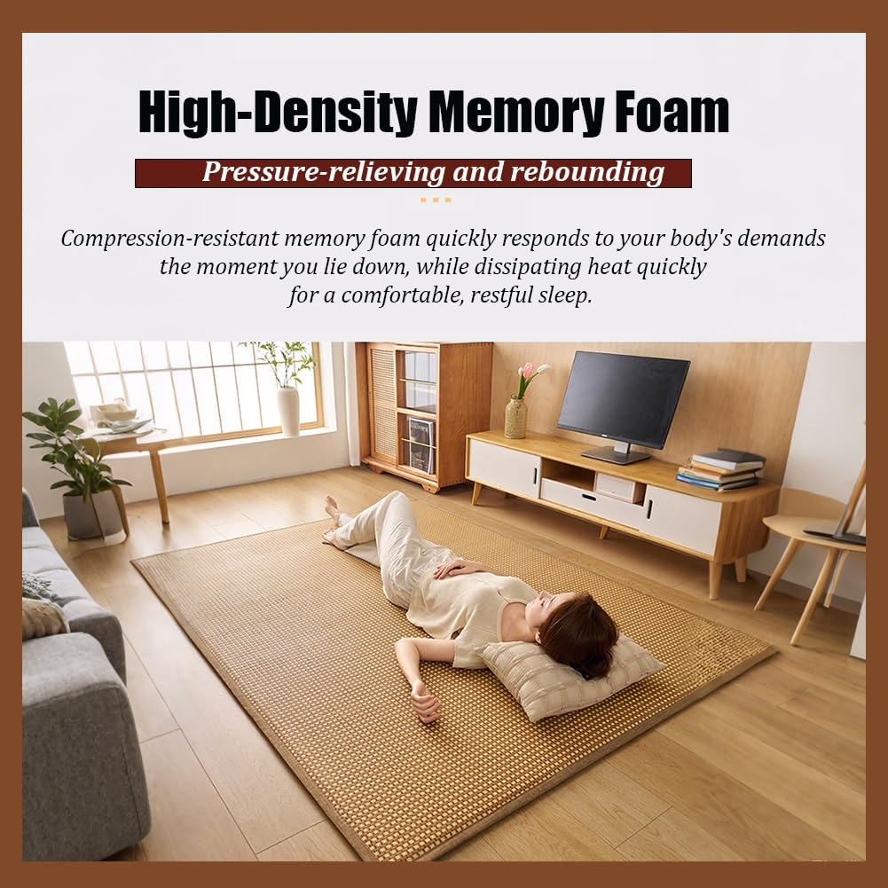 Tappetino Tatami Giapponese Tradizionale in bambù e Rattan Intrecciato, Materasso futon Giapponese Arrotolabile, Tappetino Gigante in Memory Foam for Meditazione e Gioco Zen(Hazel,150x200cm)
