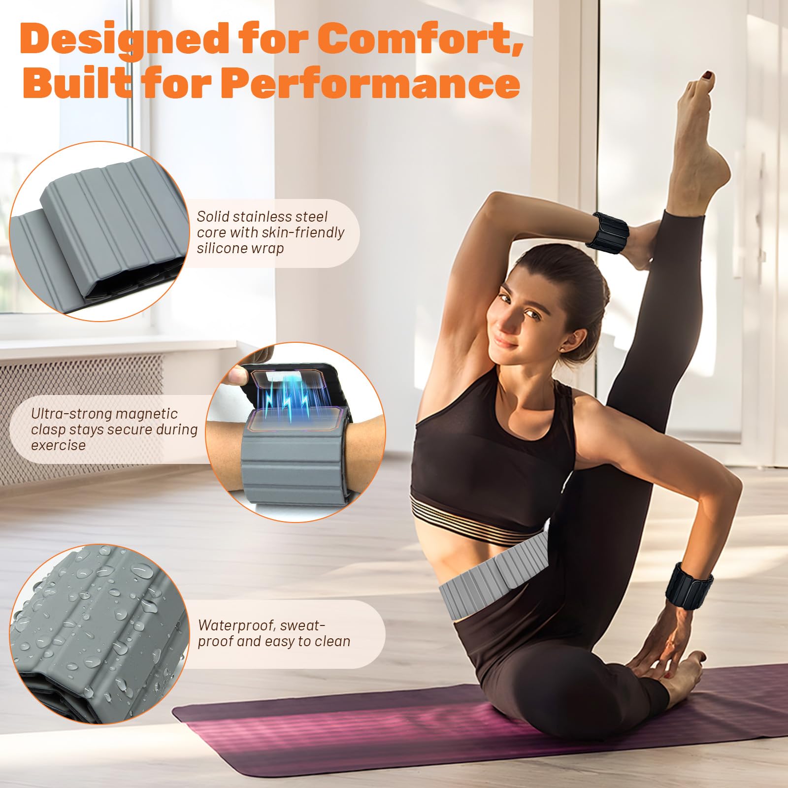 Magnetic Ankle Weights for Women, Adjustable Silicone Wrist Weights Bracelet Set, Stackable Wrist and Ankle Weights 1 Pair 2 Lbs, Weighted Bangles Wearable for Home Gym Workout, Jogging, Yoga & Walking