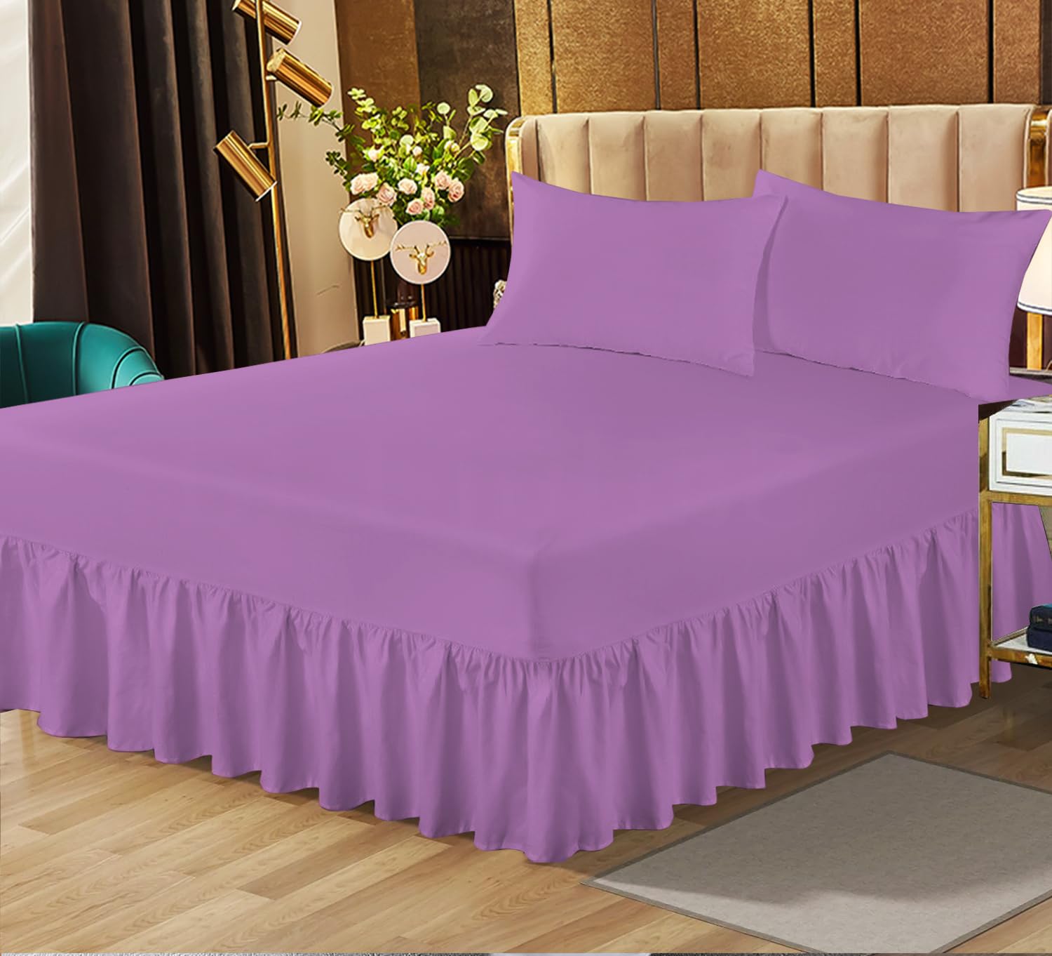 Frilled Valance Sheet for Single Bed Extra Deep Plain Dyed Non Iron Poly Cotton Bed Mattress Cover C - purple 90 X 190 + 25 cm