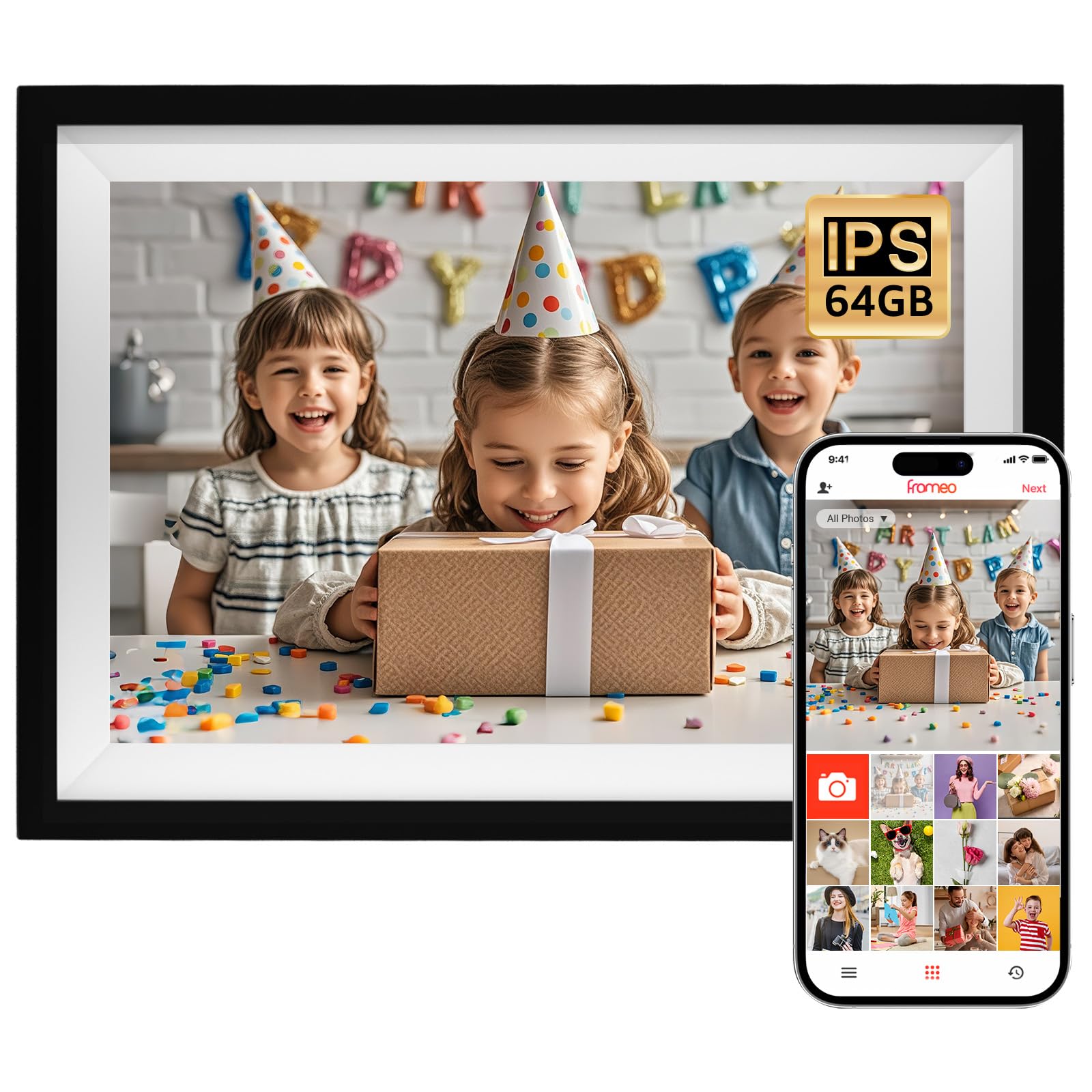 10.1 Inch Digital Picture Frame with 64GB Storage, HD IPS Touch Screen Display, Auto-Rotate, Send Photos and Videos Instantly via Frameo App, Electronic Photo Frame for Home Decor