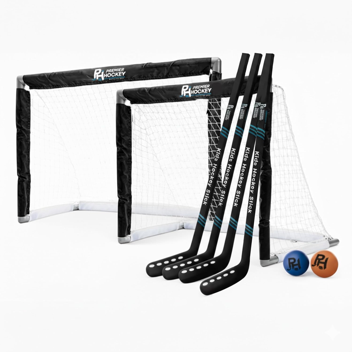 Premier Sports - Kids Hockey Set – (4) Sticks, (2) Mini Goals, (1) Foam & (1) Standard Balls – Complete Beginner Set for Ages 3-9