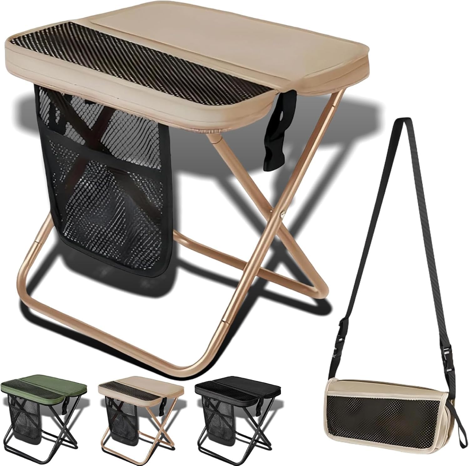 Foldable Backpack Stool for Adults - Portable Camping Stool with Sling Bag, 300lbs Capacity for Camping, Fishing, Hiking, Travel, Picnic (Khaki)