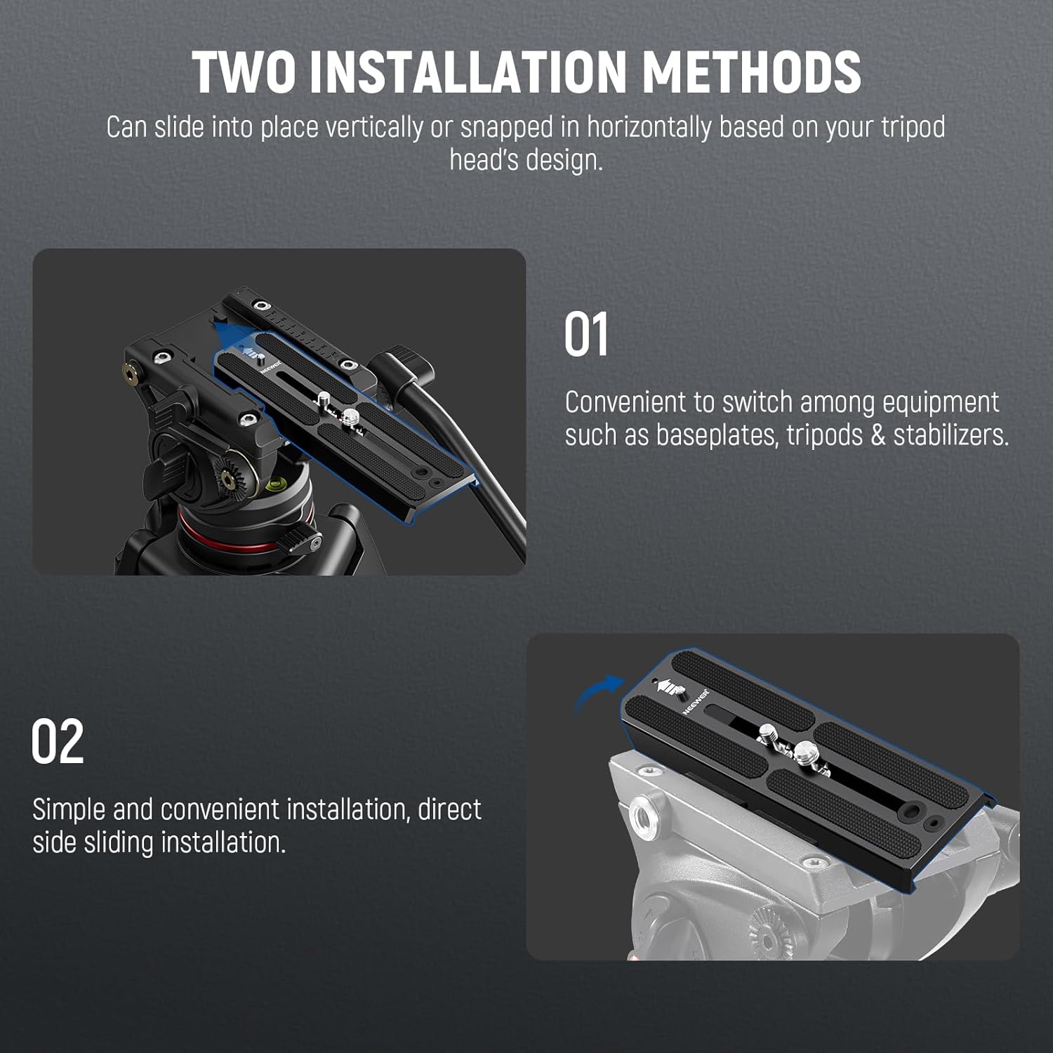 NEEWER 501PL Tripod Quick Release Plate Compatible with MVH500AH MVH502AH, 6.3"/16cm Extended Camera Mounting Plate with 1/4" 3/8" Screws, Anti Off Pin for GM001 GM002 GM006 Fluid Heads, QR6 - Image 5