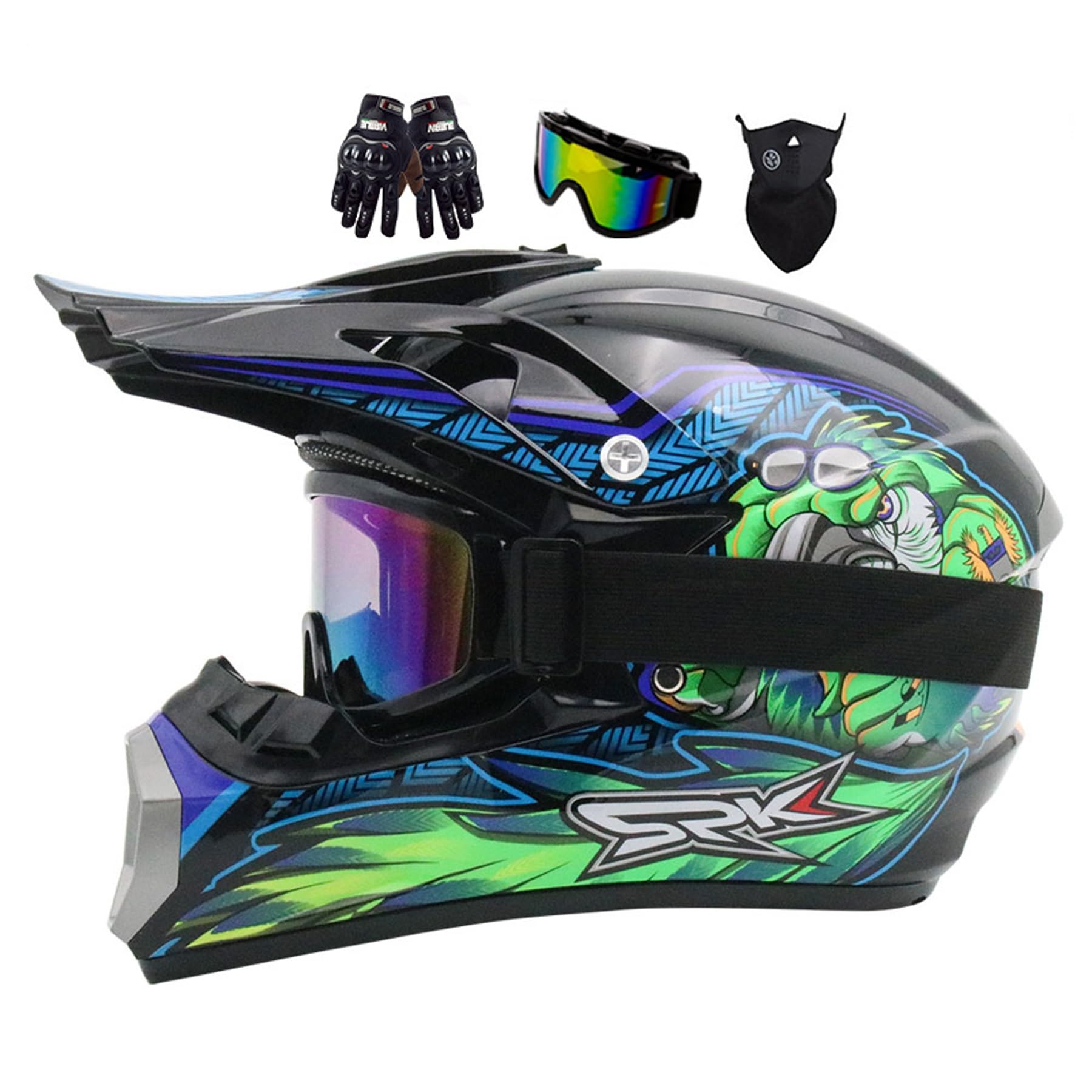 Jeunesse Casque De Moto Casques De Cross, Casque Cycliste pour Enfants, Casque Motocross Dirt Bike ATV Enfant, pour BMX MTB Quad Enduro ATV Scooter, avec Goggle Gants Masque