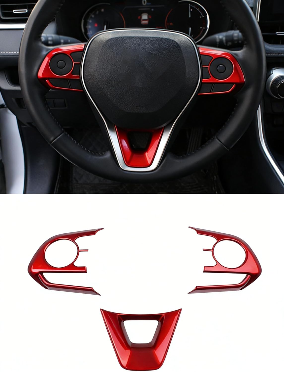 Car Accessories Steering Wheel Cover Sticker Trims Interior Decaration Mouldings Fit for RAV4 2019-2024 (Red) 3PCS ABS
