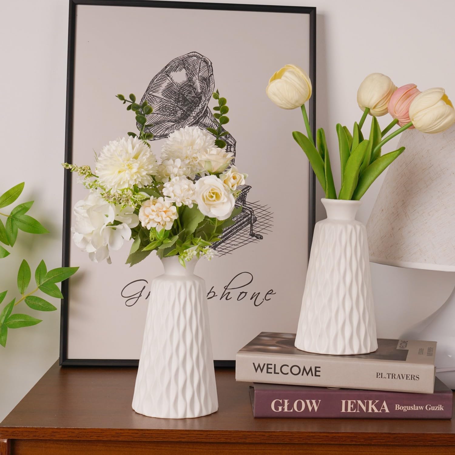 FUPOVASE White Boho Vase for Gift/Decor, Rustic Farmhouse Flower Vases for Pampas Grass,Small Pampas Grass Ceramic Vases for Centerpieces, 7Inch Vintage Vase -Rhombus, Embossment