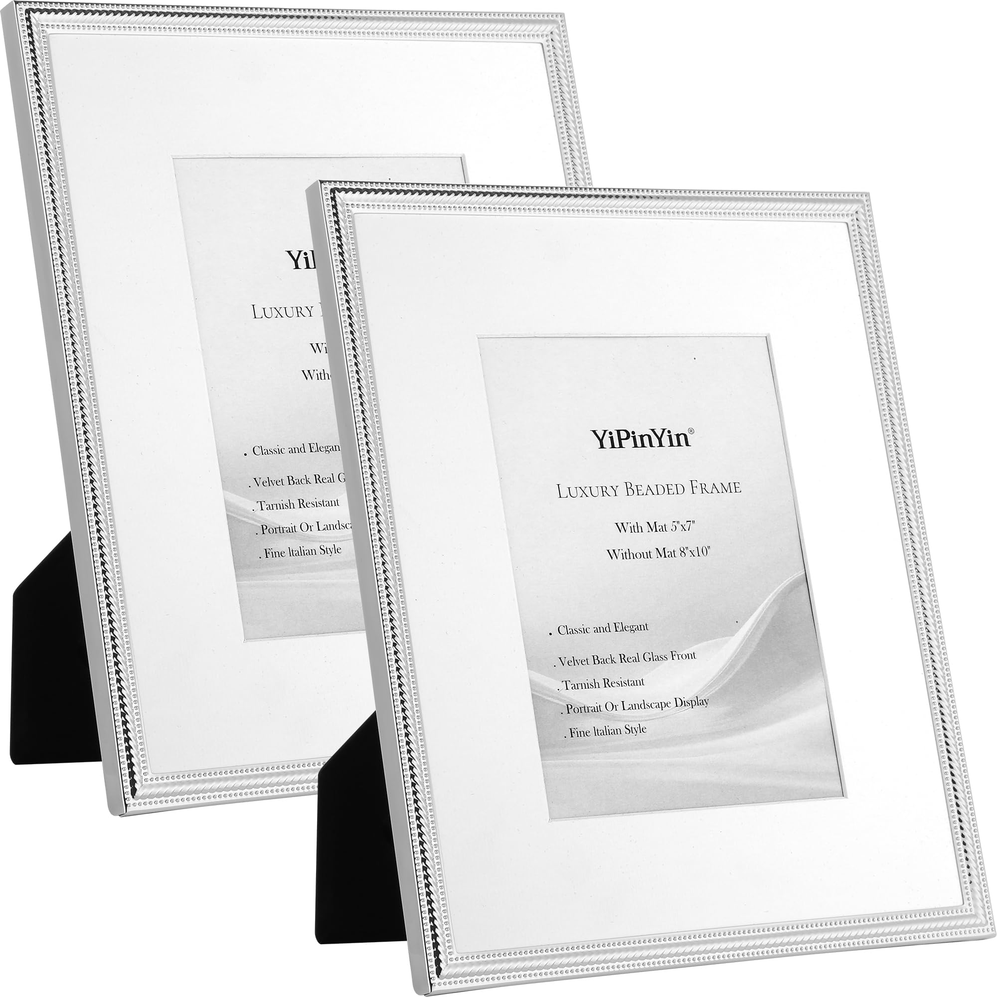Classy Silver Plated 8x10'' Picture Frame 2 Pack with Acid-Free Mat for 5x7'',Beaded Metal Frame with Real Glass & Velvet Backing,for Tabletop Display or Wall Mounting