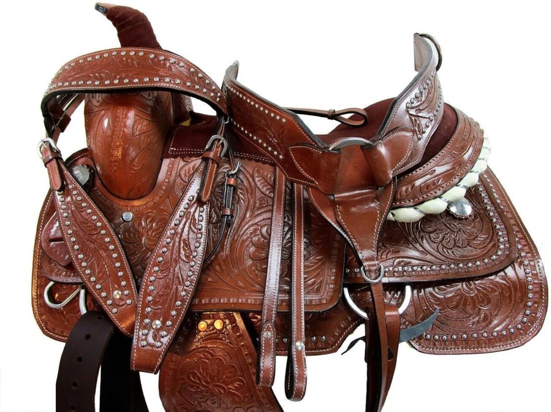 Western Barrel Racing Horse Show Saddle Floral Tooled Tack Set Riding Pleasure Racing Show Skórzane siodełko dla konia 25 cm do 45 cm ME-WLS-116