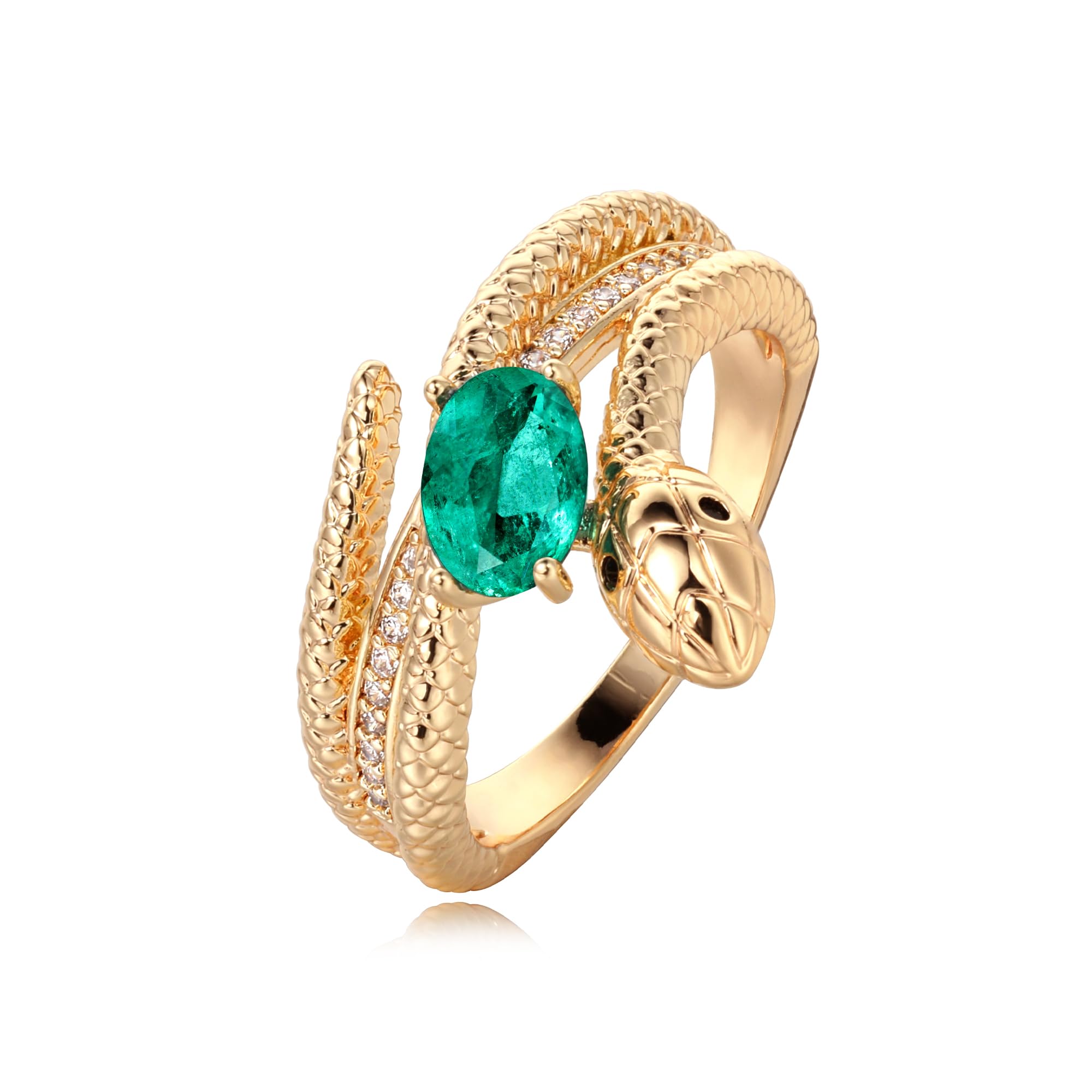 Valloey Rover Emerald Ring-Chunky Gold Rings for Women Non Tarnish 14K Gold Plated Stackable Vintage Snake Green Gemstone Solitaire Rings Statement