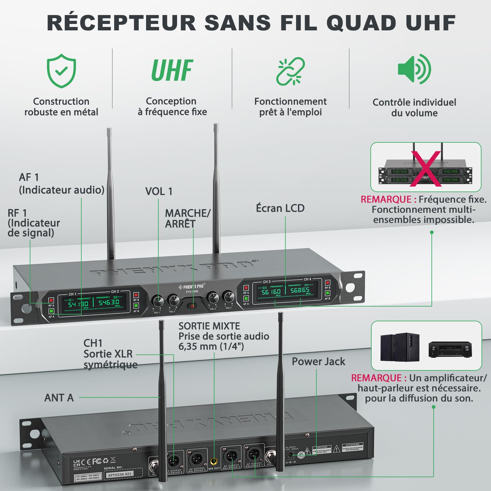 Phenyx Pro Système de Microphone sans Fil UHF 4 canaux avec Quatre micros Portables, Construction entièrement métallique, PTU-5000A