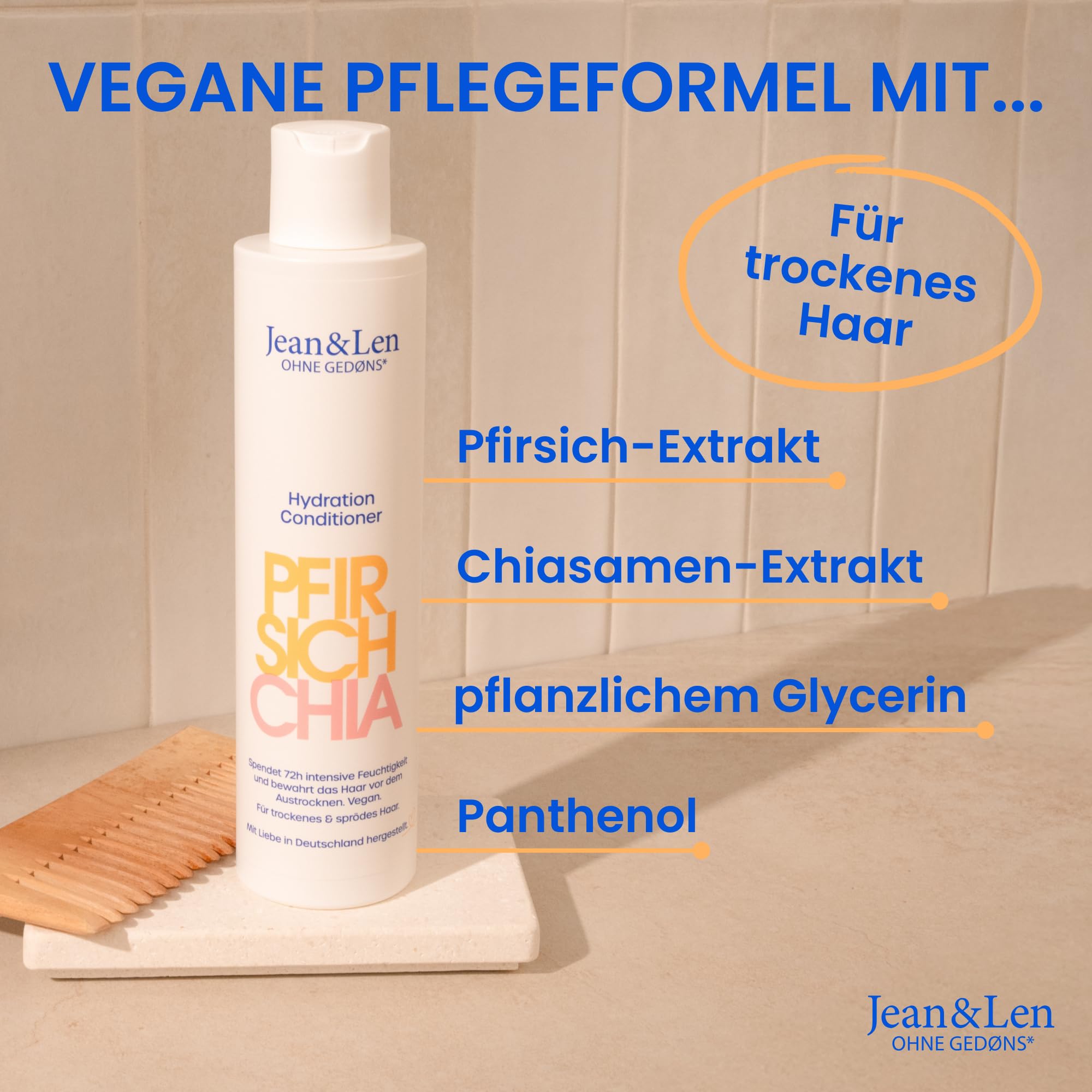 Jean & Len Conditioner Pfirsich & Chiasamen, für trockenes Haar, vegane Haarpflege mit Pfirsich- & Chiasamen-Extrakt & pflanzlichem Glycerin, ohne Silikone & Parabene, 300 ml (Packung mit 2)
