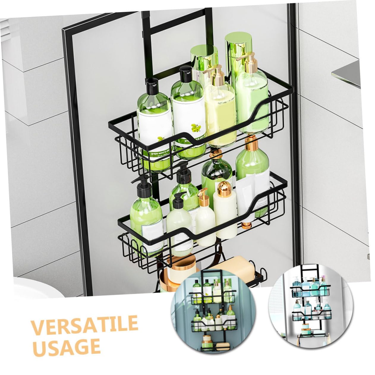 Portaoggetti Doccia 3 Livelli in Ferro Nero per Bagno e Cucina | Design a Rete, Uso Multiplo, Struttura da Appendere Oltre Porta senza Forare