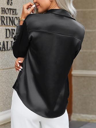 HOTOUCH Women Satin Silk Button Down Shirt Ladies Long Sleeve Tops V Neck Loose Blouse Dressy Business Casual Work Tunic Fall