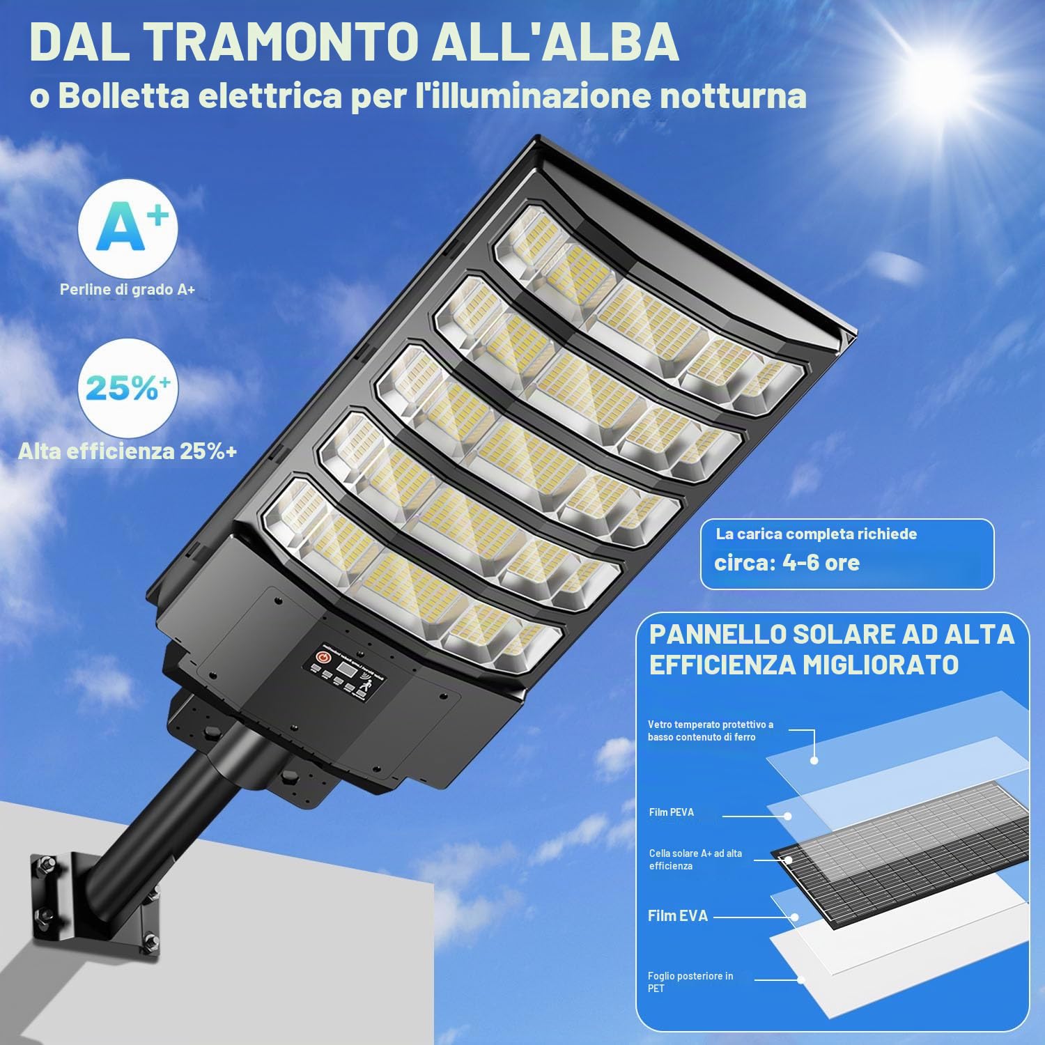LEKIA Lampione Solare LED Esterno, 8000W 6500K Lampada Stradale Solare con Sensore di Movimento, Telecomando, IP66 Impermeabile Potente Faro Esterno con Pannello per Giardino, Cortile, Parcheggio