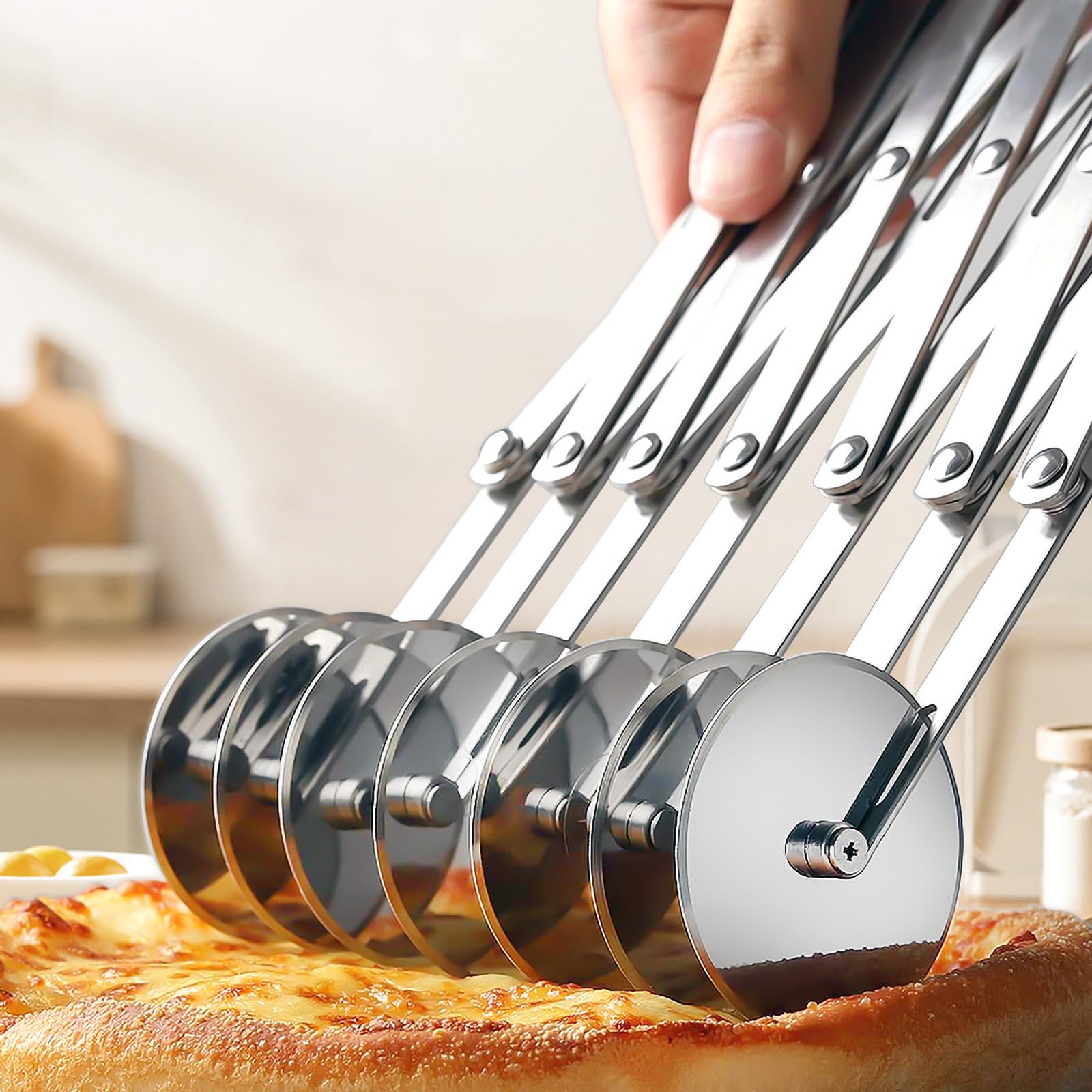 DBREAKS 7 Räder Pizzaschneider, 7 Rad Teigschneider, Verstellbarer Pizzaschneide, Mehrrund-Teigschneider, Teigschneider Edelstahl, Kuchenteiler Blechkuchen, für Pizza, Kuchen, Teig