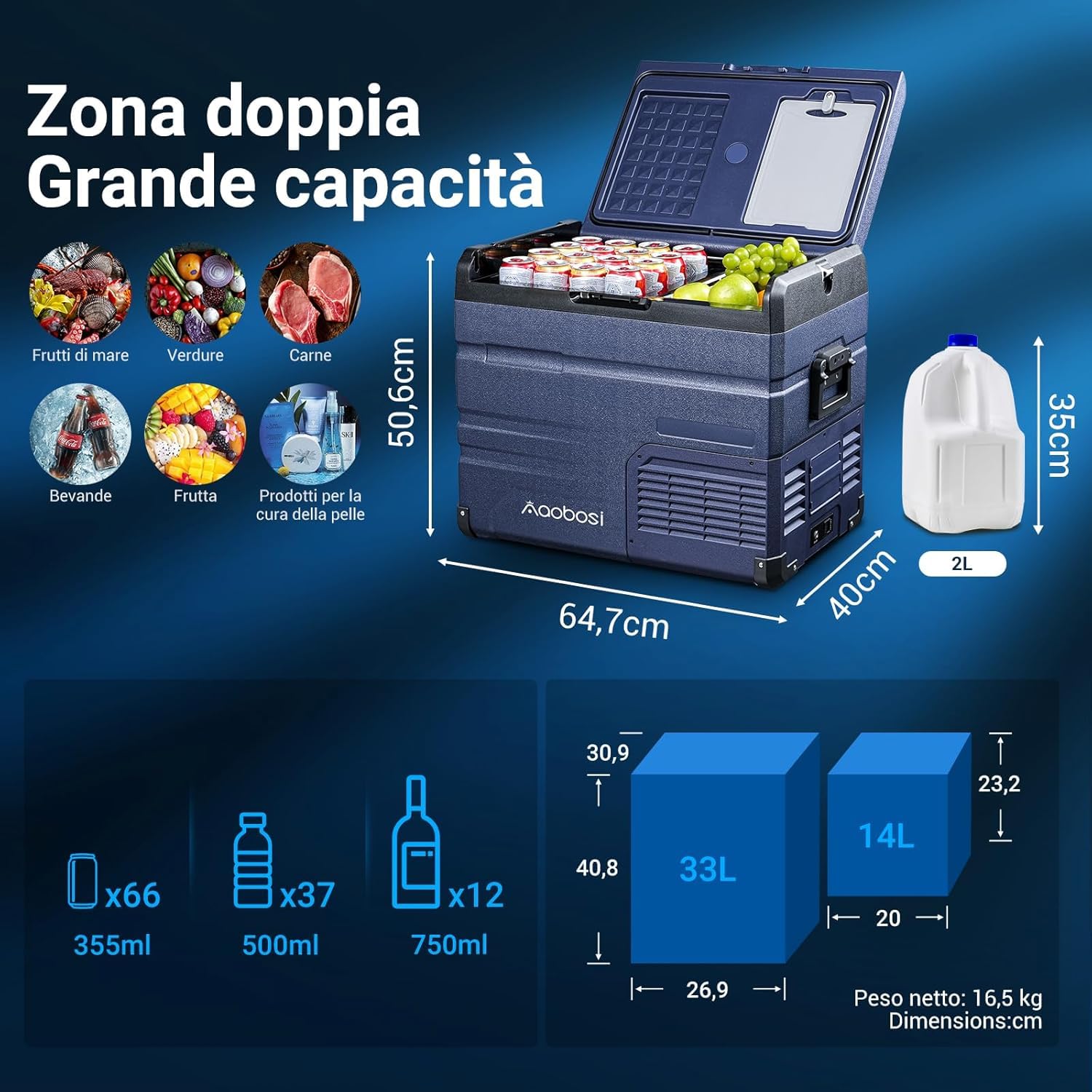 AAOBOSI Frigo Portatile, Frigo Per Auto Doppia Zona, Frigorifero da Viaggio con WiFi, -20 ℃ a 20℃, 12/24V DC e 100/240V AC,Per Auto, Camion, Camper, Barca e Presa Di Corrente