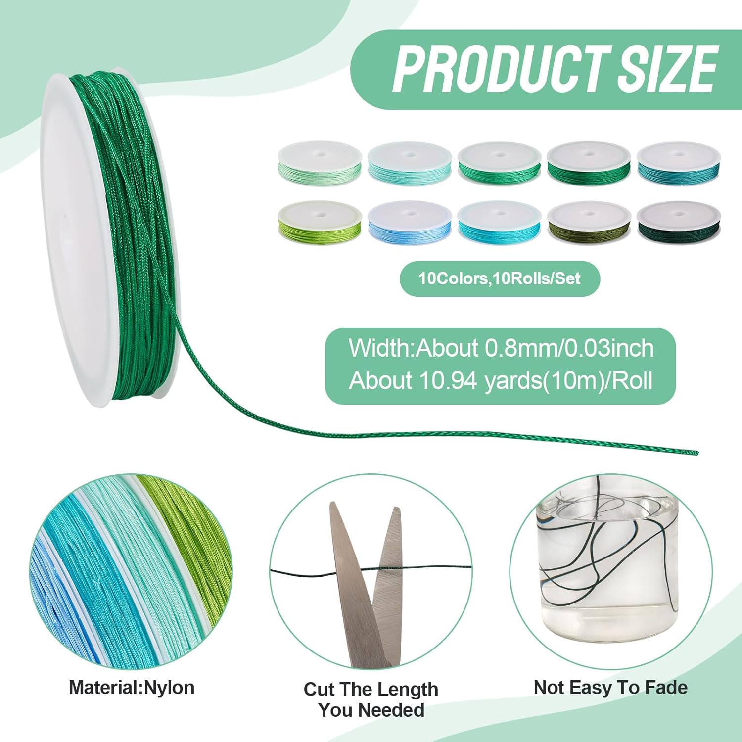 Cheriswelry 10 Rolls 0.8mm Chinese Knotting Cord 10 Colors Polyester Beading String Braided Thread for Bracelet Macrame Kumihimo DIY Jewelry Making 10.94Yds/Roll - Image 2