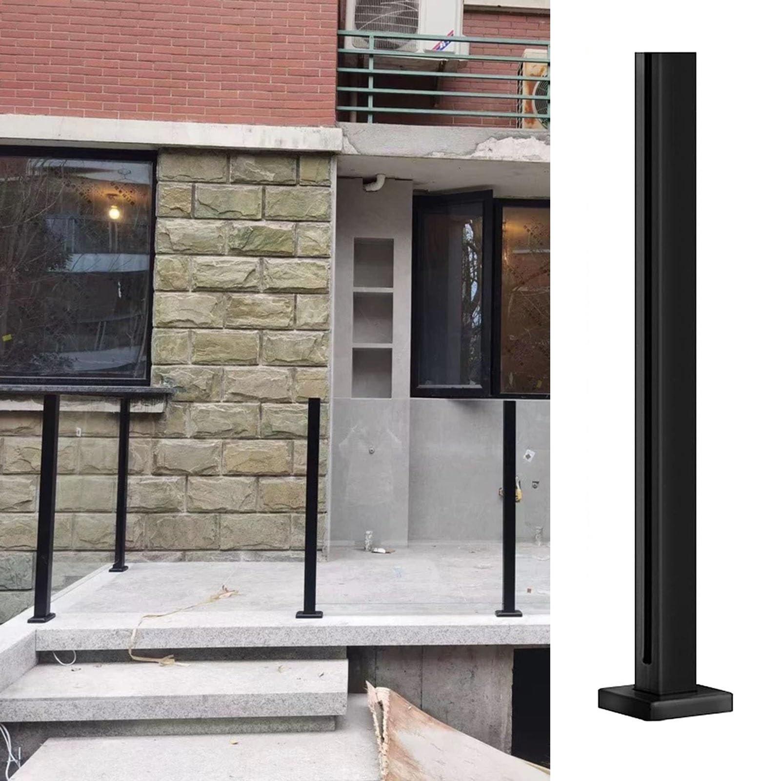 Poteau de Garde-Corps en Verre Carré Noir pour Terrasse Escalier Jardin