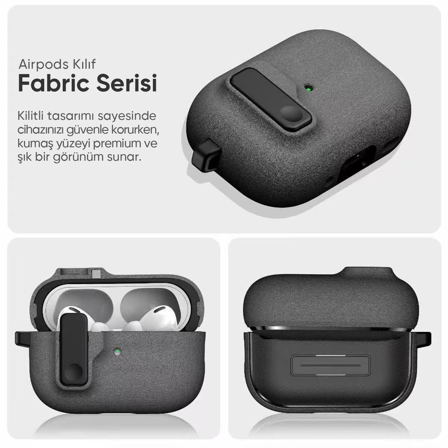 Minesk Airpods Pro 3 ile Uyumlu Fabric Serisi Özel Kilitli Tasarım ve Kumaş Yüzeyli Kılıf Darbelere Karşı Koruyucu Kapak (Gri, Airpods Pro 3 (2025))