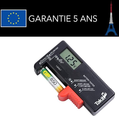 Takit Testeur de Piles numérique pour AA, AAA, C, D, PP3, 9V, 1.5V, Piles Bouton - Fonctionne sans Pile - Garantie 5 Ans - Marque Française - 6