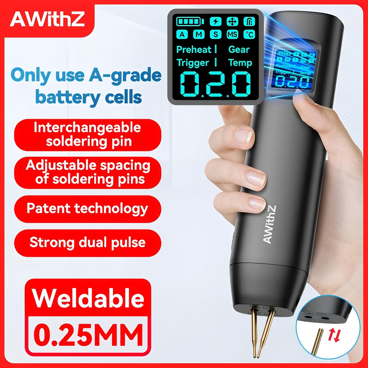 Awithz HD2 Spot Welder highlighting key features like A-grade battery cells, interchangeable pins, adjustable spacing, patent technology, strong dual pulse, and 0.25mm weldability.