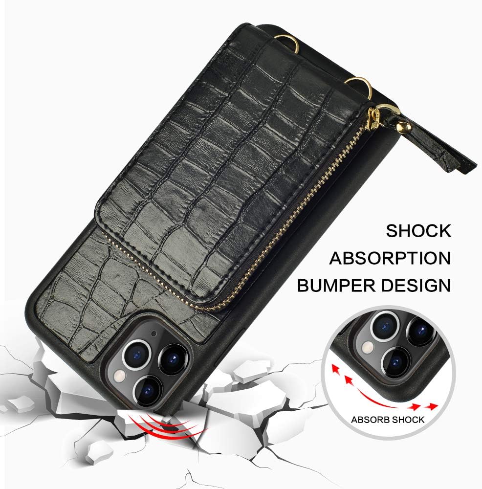 JLFCH iPhone 11 Pro Wallet Case, iPhone 11 Pro Crossbody Case with Zipper Credit Card Slot Holder Wrist Strap Lanyard Women Girl Crocodile Grain Protective for iPhone 11 Pro 5.8 inc - Black