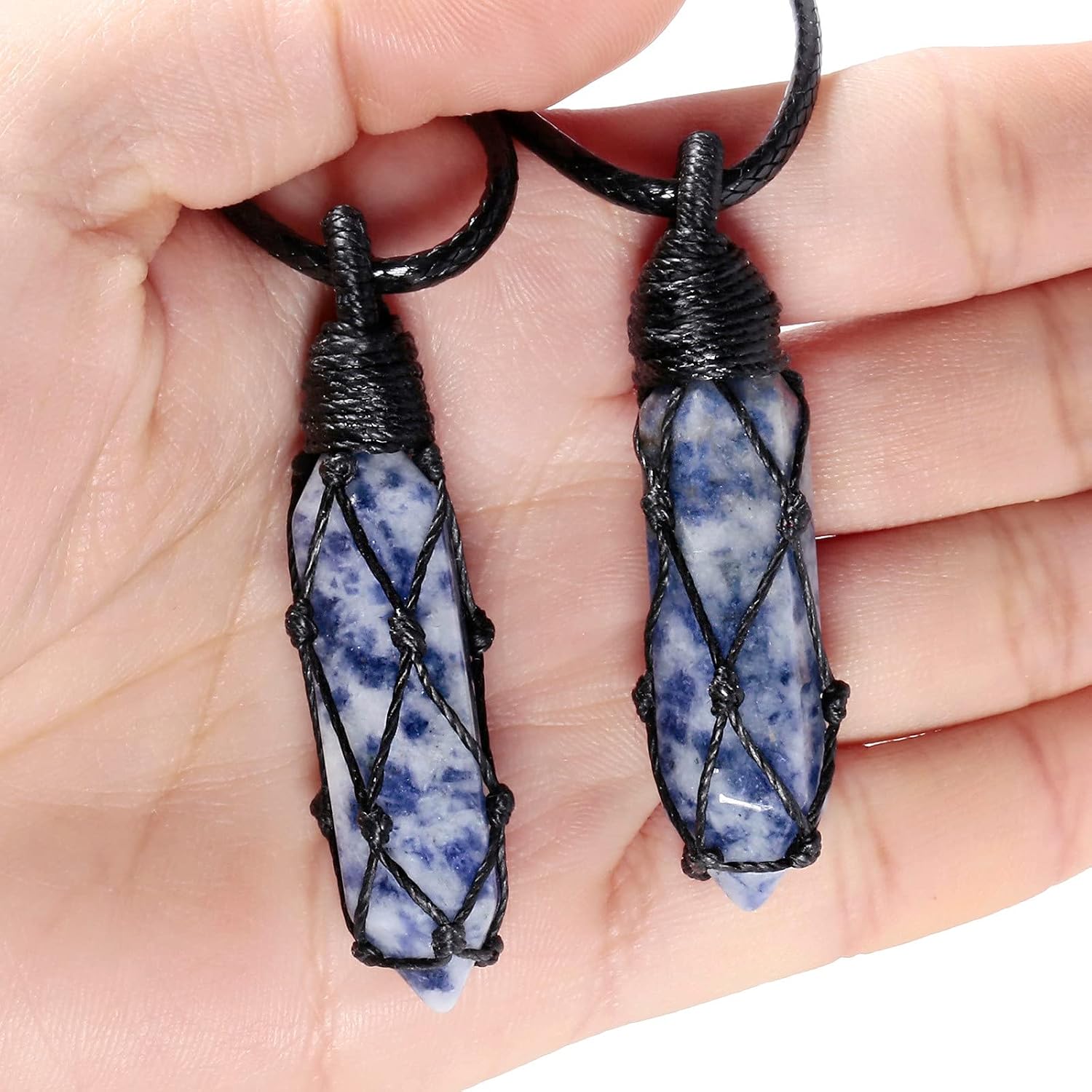 Nupuyai Blue Dot Stone Hexagonal Quartz Crystal Point Pendant Necklace for Women Men Natural Wrapped Stone Pendulum Pendant with Adjustable Rope 65cm - Image 3