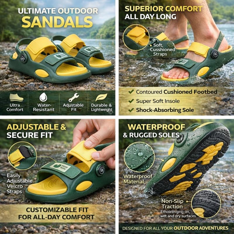 Image of Kids Boys Adjustable Strap Sandals Slippers - Soft EVA Lightweight Non-Slip Casual Outdoor & Indoor Slides for Toddlers & Children