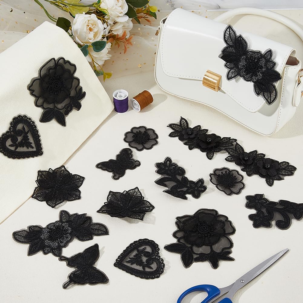 20 Pcs Flower Applique Black Lace Embroidered Flower Patches 10 Styles Iron on Sew on Patches Flowers Butterfly Heart Designs Costume Accessories for Dress Jeans Sweater Hats Shoes Bags