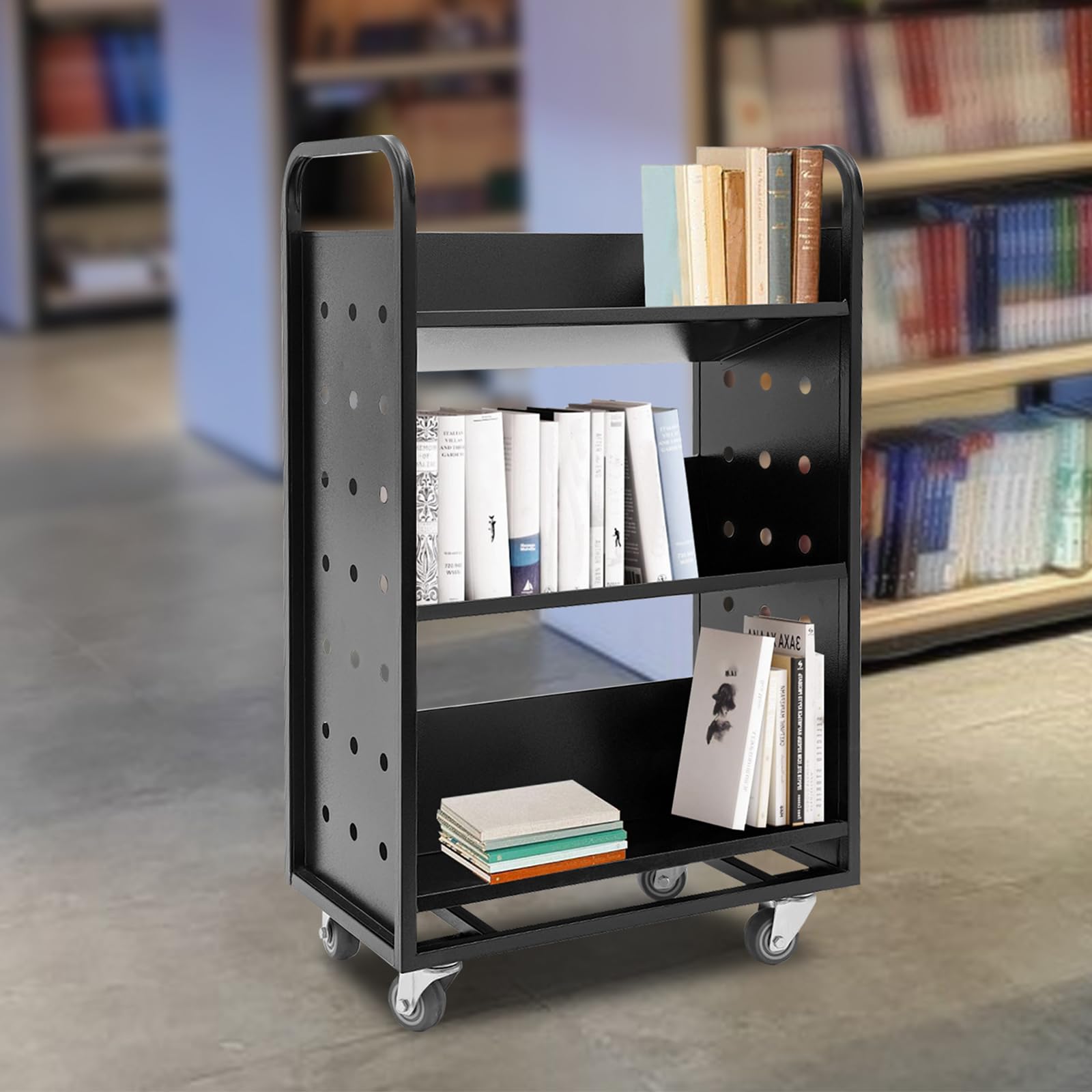 Carrello portaoggetti a tre piani, dimensioni 80 x 36 x 100 cm, nero, con ruote girevoli e maniglia, adatto per librerie, biblioteche, uffici e spazi abitativi