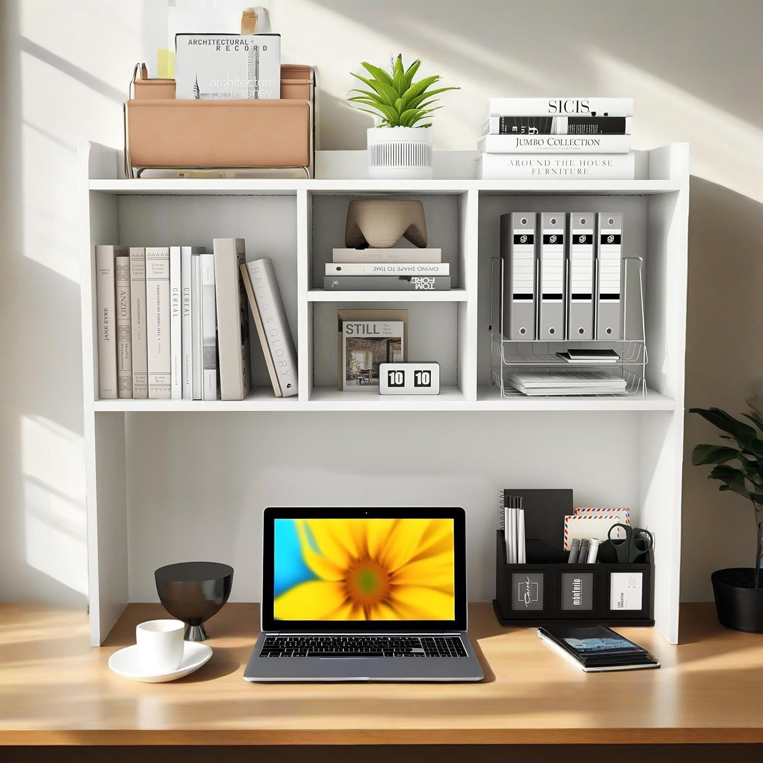 COBANA Desktop Bookshelf, Countertop Storage Hutch with 5 Shelves for Computer Desk, Desk Shelf for Top of Desk Organizer for Office Home Dorm, White