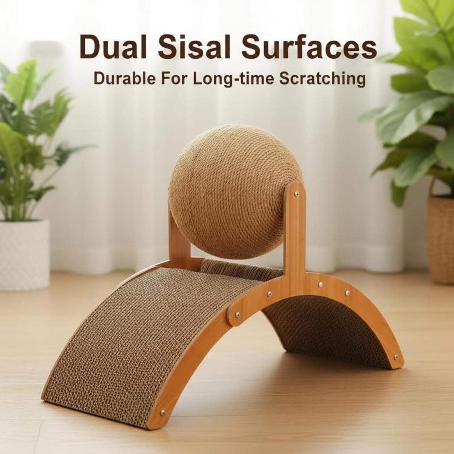 Cat Scratching Ball on Stand, Solid Wood Slanted Cat Scratching Board Design, 2-in-1 Interactive Cat Scratcher Toy with Arch Bridge and 360° Rotating Natural Sisal Ball for Indoor Cat Kittens (M)
