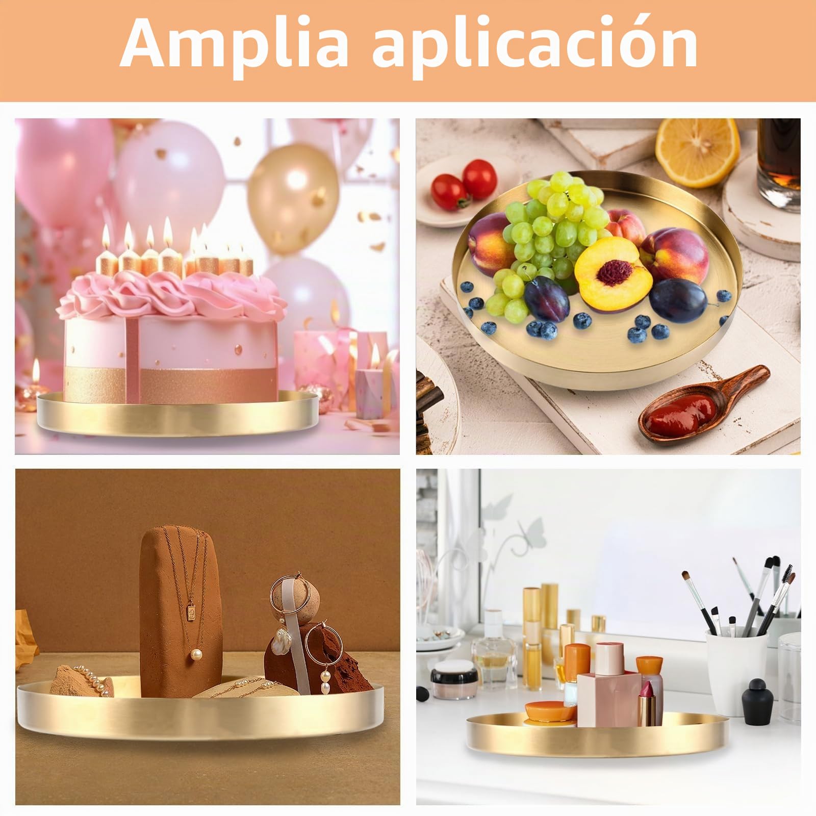 YAYODS bandejas para Servir Comida Acero Inoxidable, Bandeja Decorativa Dorada, diámetro de 30 cm, Altura de 2,8 cm, Plato Decorativo con Borde para Joyas, decoración de Mesa