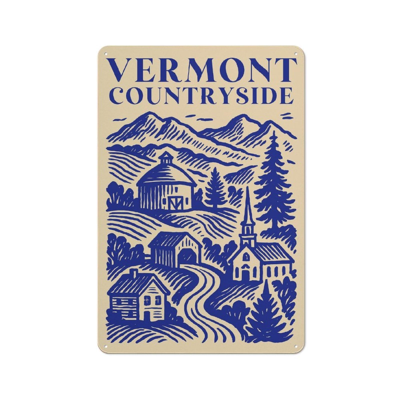 Junmoney Style-18 Tin Wall Plaque 30X20cm With Vermont Countryside Illustration For Guest Room Or Hallway, For Updating Guest Room And Hallway After Moving