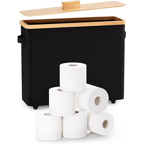 Bulado Toilet Paper Storage Stand, Toilet Paper Basket with Lid for 12-Roll Standard Toilet Paper Holder, Wood Toilet Paper Organizer for Bathroom with Footbase Ultimate Bathroom Organizer (Black)