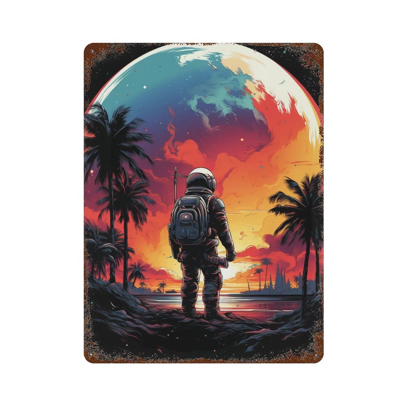 Garage Style Space Explorer on Exotic Beach Distressed Metal Wall Sign 15.7"x11.8", Retro Wall Decor for Bar And Workshop