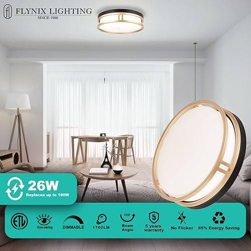Miniatura 2 de Flynix Lámpara de techo LED de 12.5 pulgadas, 26 W, súper brillante, 1700 lúmenes, 3 colores, 3000 K4000 K5000K, lámpara de techo regulable para