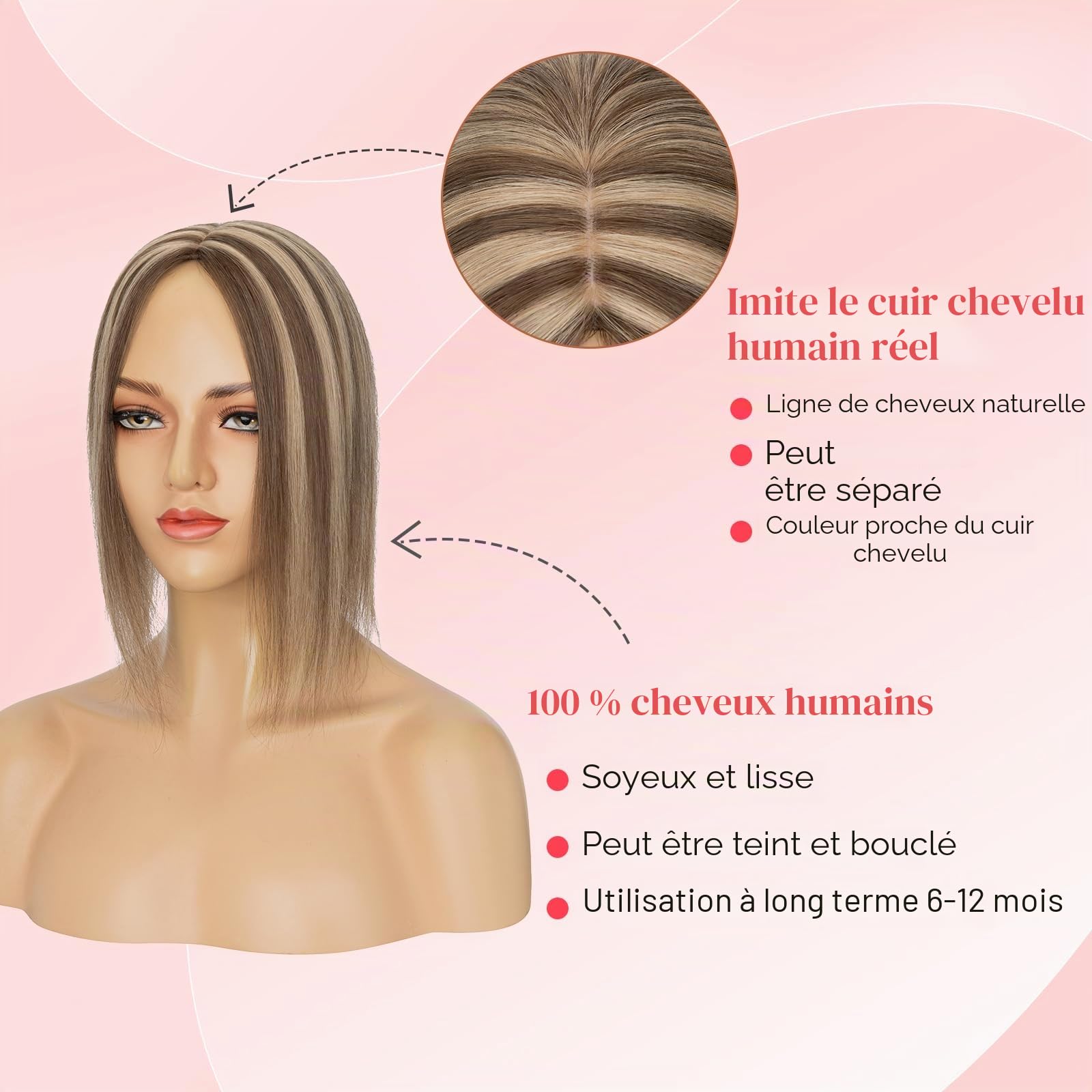Elailite Volumateur Capillaire Femme Naturel a Clip Cheveux Naturel Toupet Humain (Base 10cm*12cm) 15cm 27g #4+27 MARRON CHOCOLAT MECHE BLOND FONCE