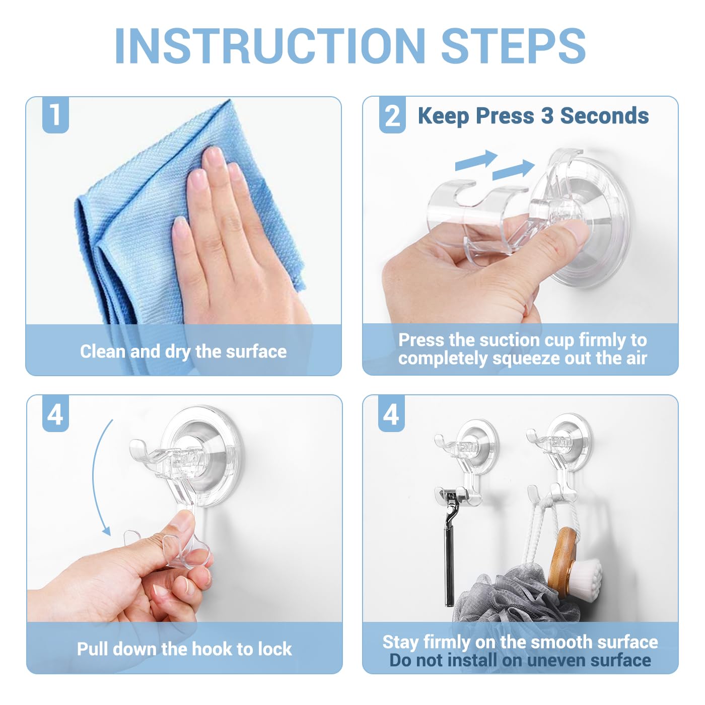 Teletrogy Large Suction Cup Hooks Shower Razor Holder - 2 Pack Heavy Duty Reusable Vacuum Shower Hook Damage — view 3