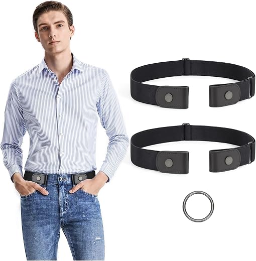 JASGOOD 2 Pieces No Buckle Stretch No Show Belt for Men，Buckless Invisible Elastic Belt for Jeans Pants