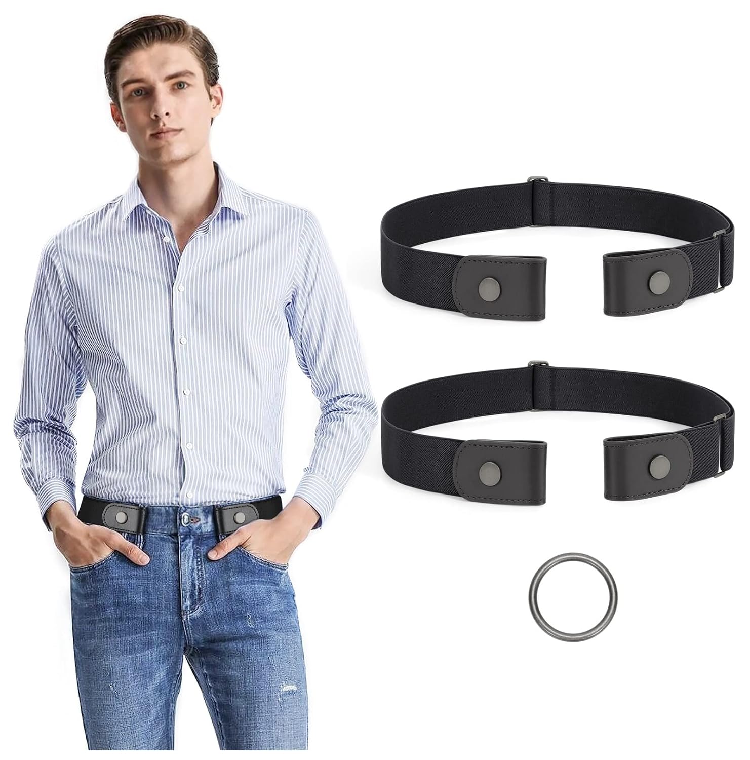 JASGOOD 2 Pieces No Buckle Stretch No Show Belt for Men，Buckless Invisible Elastic Belt for Jeans Pants