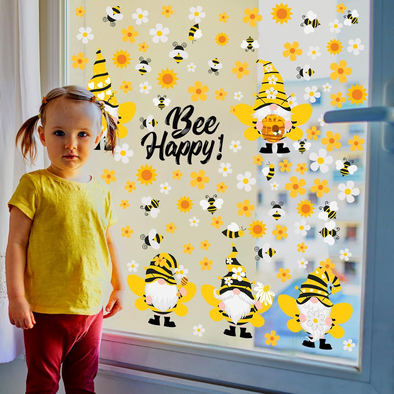 Capoda 167 Pcs Bee Gnome Wall Decals 6 Sheets Spring Window Clings Sunflower Gnome Wall Sticker for Glass Windows Spring clings Decor Static Stickers for Rewards Home Office Birthday Party Supplies