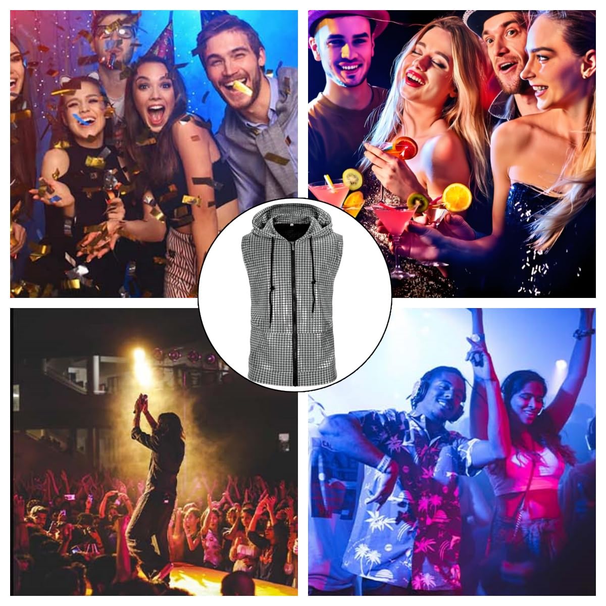 Gilet capuche brillant pour homme, T-shirt sans manches fermeture éclair avec paillettes métalliques et poche kangourou, Chemise de fête paillettes brillantes, disco des années 70-80 pour nightclub