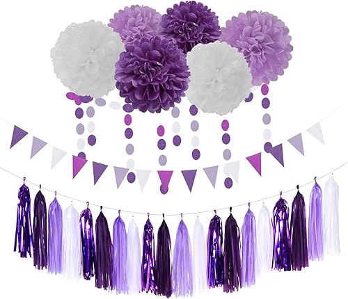 Miniatura 17 de Decoraciones de Fiesta de Halloween Negro-Morado Naranja Verde - 30 piezas Pompones de Papel Tissue, Serpentinas, Guirnalda de Borlas, Pancarta