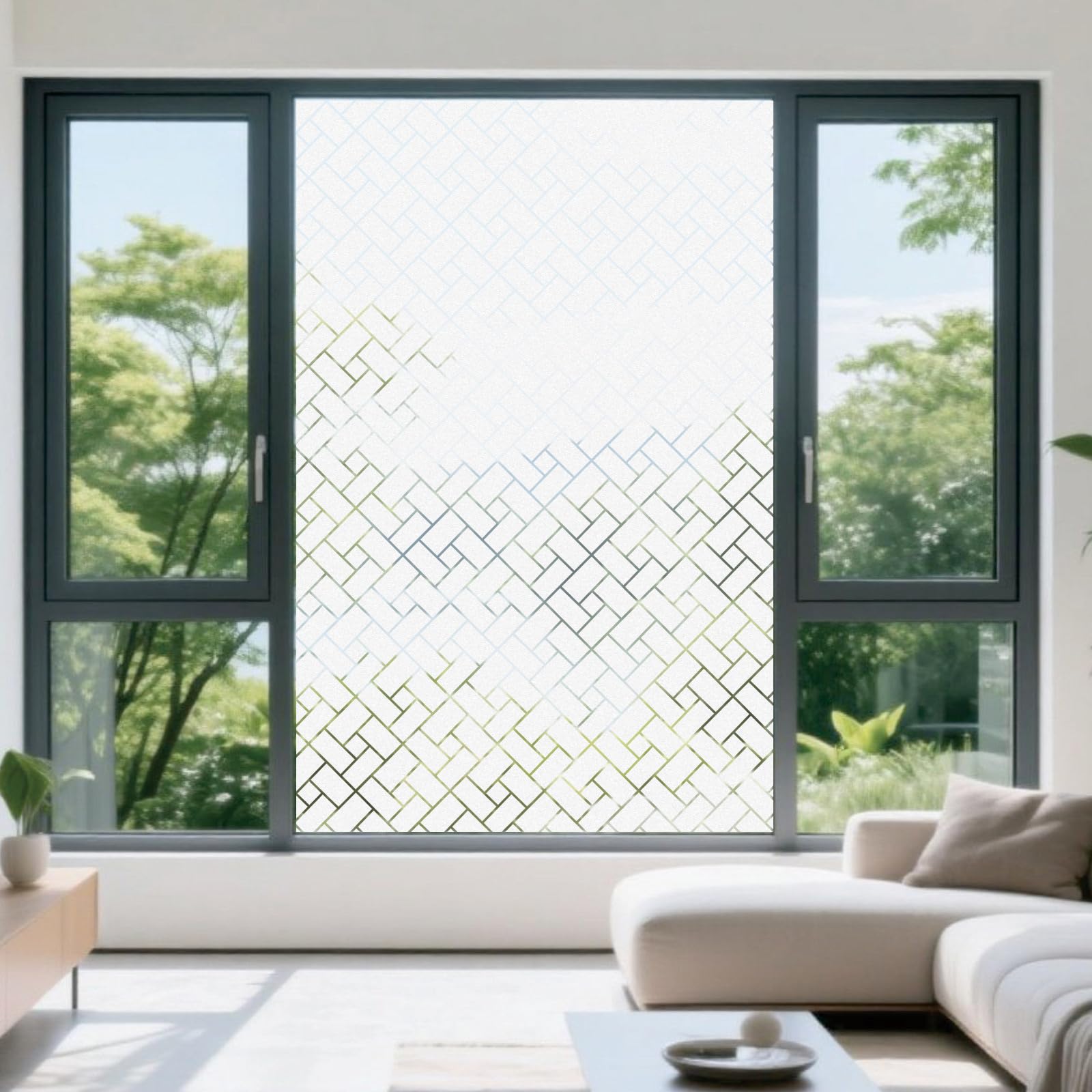 Window Privacy Film 85 x 860 cm Non-Adhesive Static Cling Removable Vinyl Heat Cotrol, Privacy Protection, Anti UV Film Window Covering Frosted for Home Office, Oblique Grid