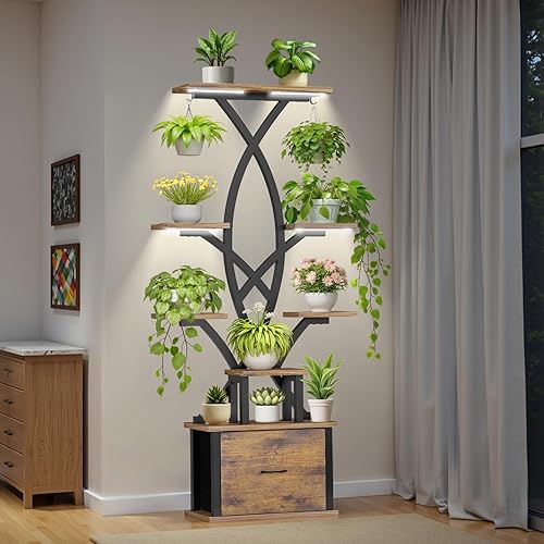 Plant Stand Indoor with Grow Lights - 8 Tiered Plant Shelf with Storage Drawer, 65" Tall Plant Shelf with Grow Light & 2 Hooks, Corner Plant Stand for Indoor Plants, Metal Plant Holder for Home, Patio - 8 Tiered