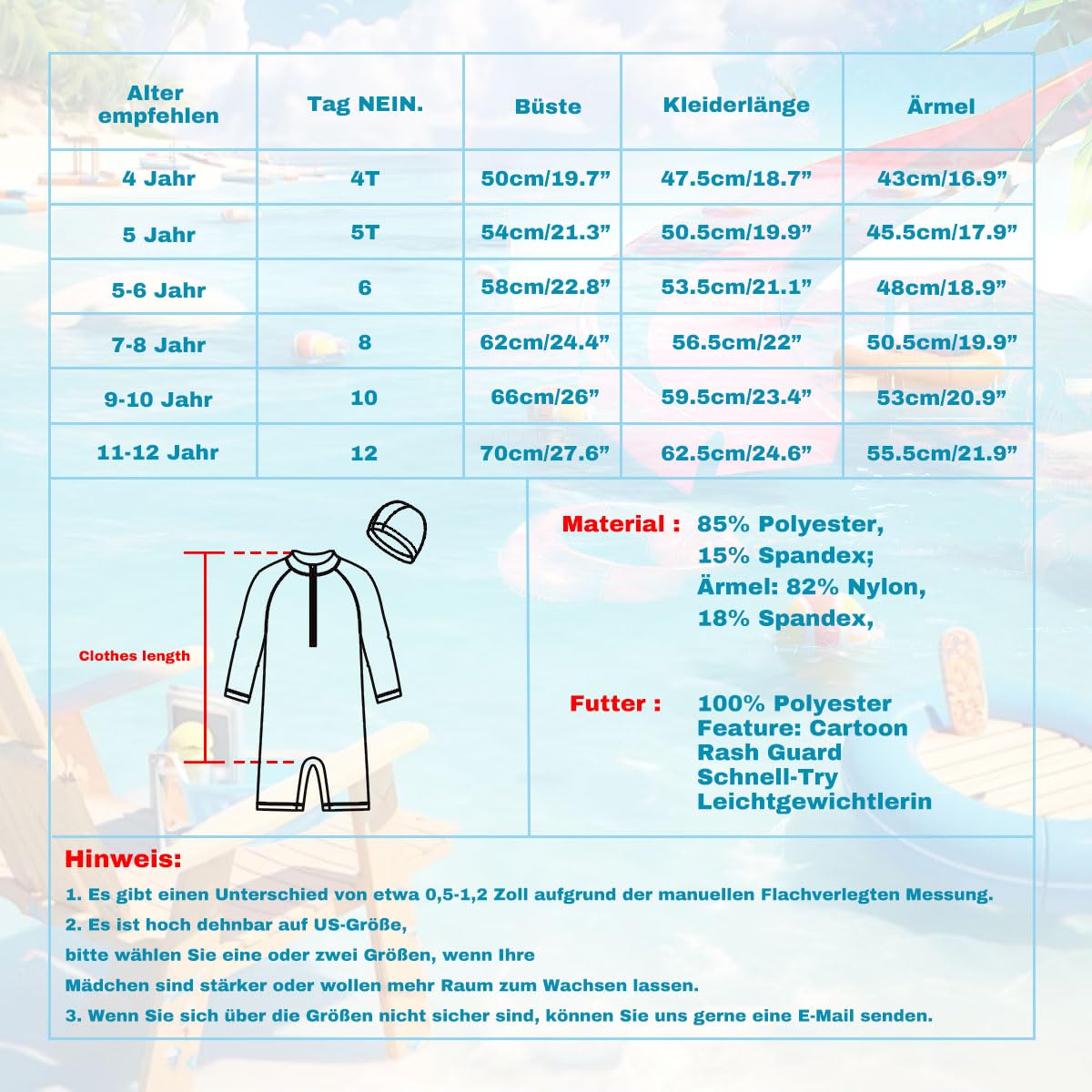 Trajes de baño de manga larga con cremallera para niñas